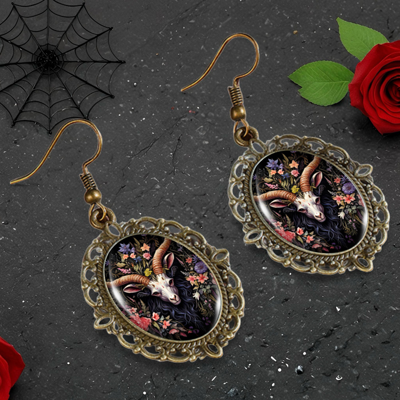 Vintage Goat Head & Wildflower Pattern Oval Glass Earrings
